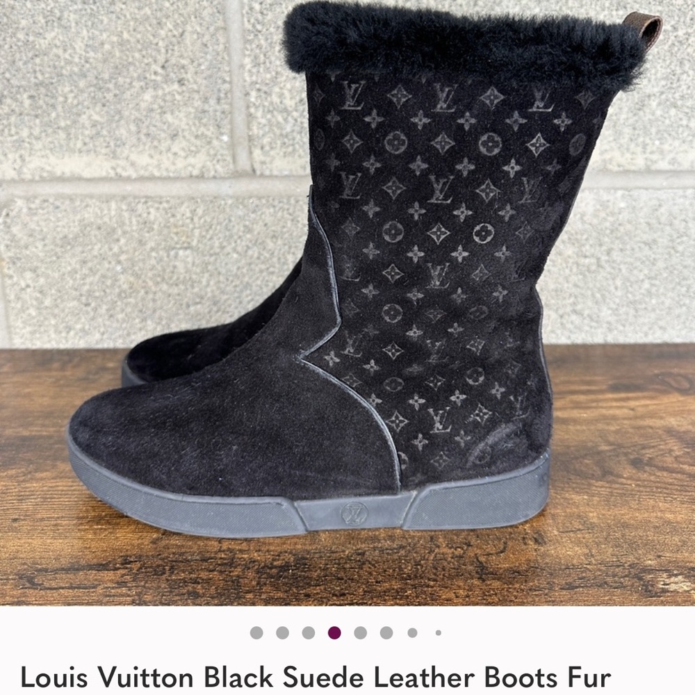 Louis Vuitton Black Monogram Suede Boots with Fur